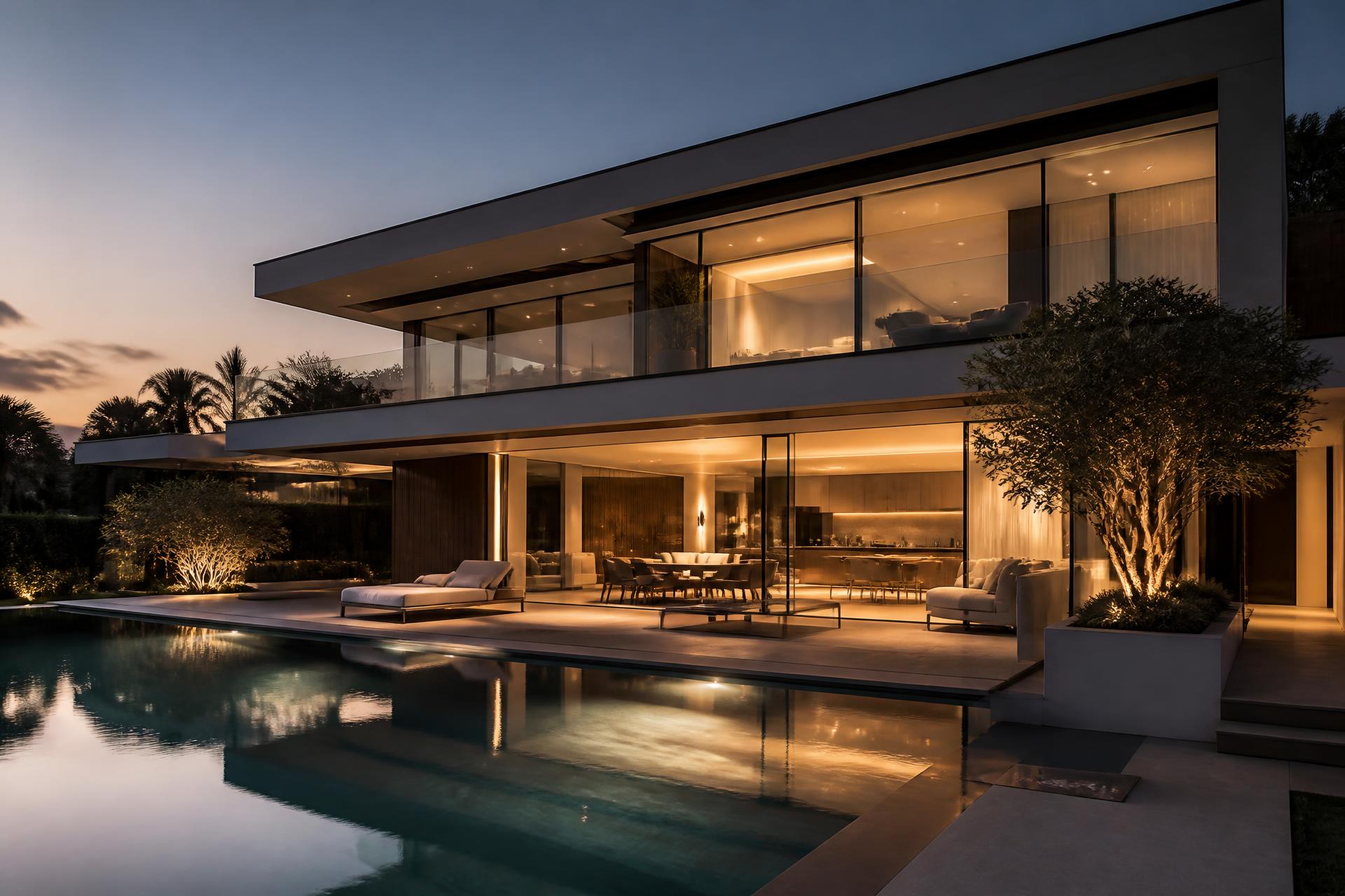 Casa de alto padrão iluminada ao entardecer com piscina